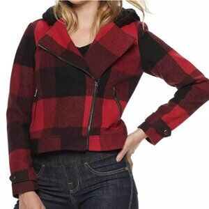 | rock & republic - cropped buffalo check hooded moto jacket - small |